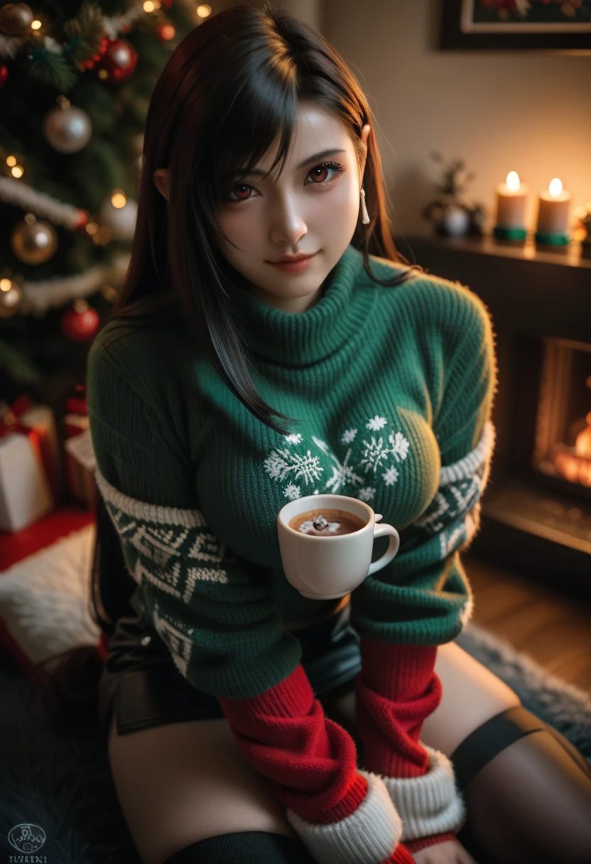 Photorealistic korean goth girl life-like and colorful realistic and alluring ultra hd Cute teen goth Tifa Lockhart cute and adorable sexy and alluring in sexy elf clothes for Christmas fireplace, hot cocoa beanbag. Wearing a green and red holiday sweater