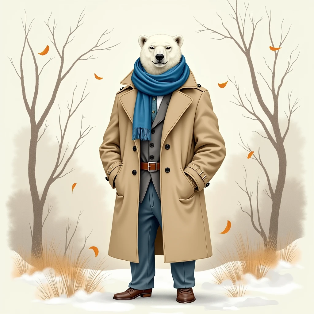 A watercolor-style illustration of a dapper polar bear humanoid wearing a classic trench coat and a stylish blue scarf wrapped around his neck. The polar bear exudes a dignified and refined aura, standing amidst a wintery setting with dry, golden-brown leaves swirling gently in the air. The trench coat is detailed with soft folds, buttons, and a belt, while the blue scarf adds a subtle pop of color. The background features a muted winter landscape with bare trees and a soft, chilly atmosphere. The delicate watercolor brushstrokes and muted tones of beige, blue, and brown capture the elegance and serenity of the scene, (watercolor style, polar bear humanoid, trench coat, blue scarf, dapper, dignified, swirling dry leaves, wintery setting, muted tones, golden brown, beige, soft blue, bare trees, chilly atmosphere, elegant, refined, delicate brushstrokes)