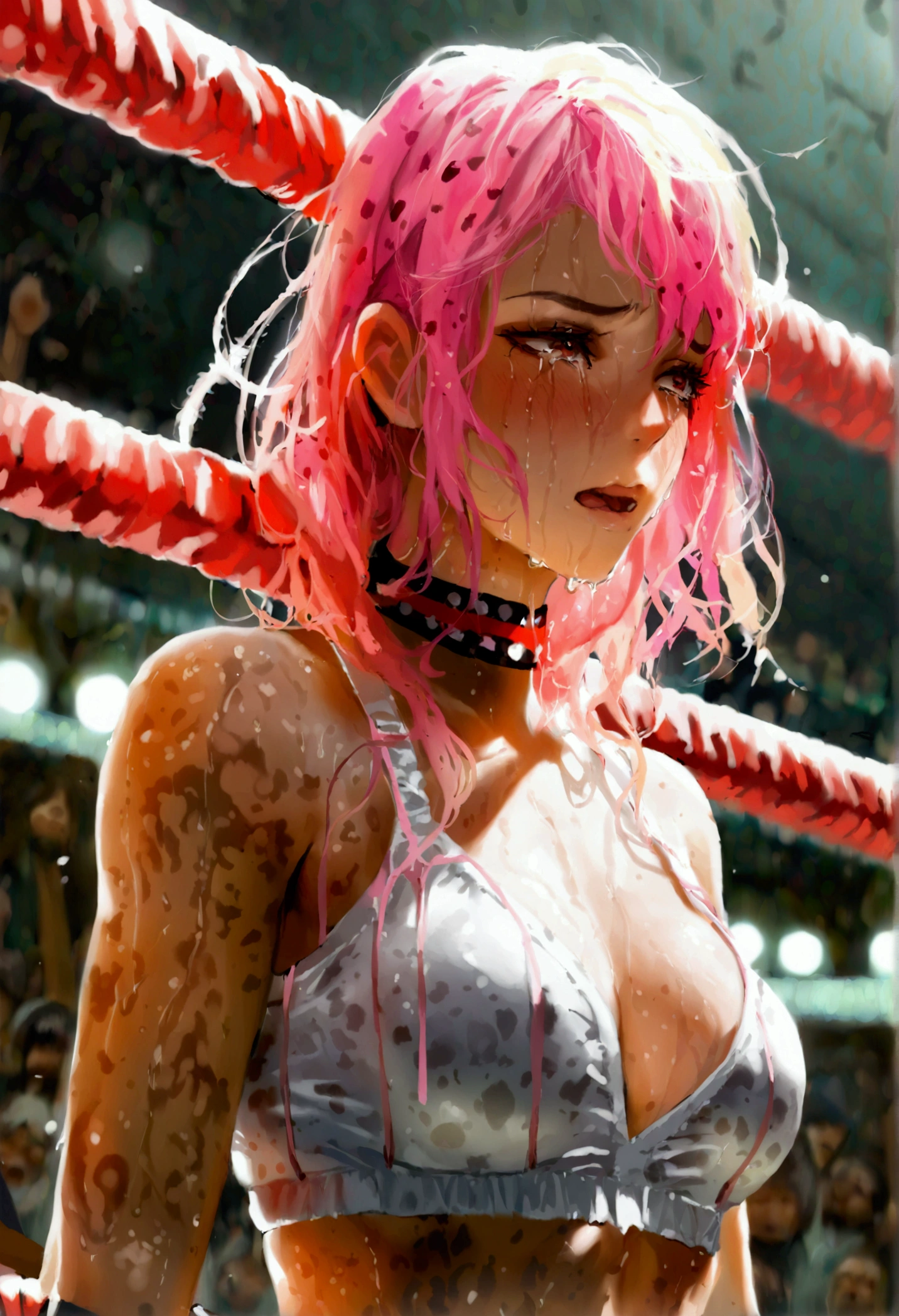(Highest quality:1.2),(tmasterpiece:1.2),(Masterpieces:1.2),(Mature woman),(really large bust:1.5),(White eyes),(Long hair),(choker necklace,耳Nipple Ring),(In the dark bedroom),(cum on:1.2),(The cleavage protrudes:1.2),(Microlingerie:1),(Sex life:3.5)(sliver long hair)