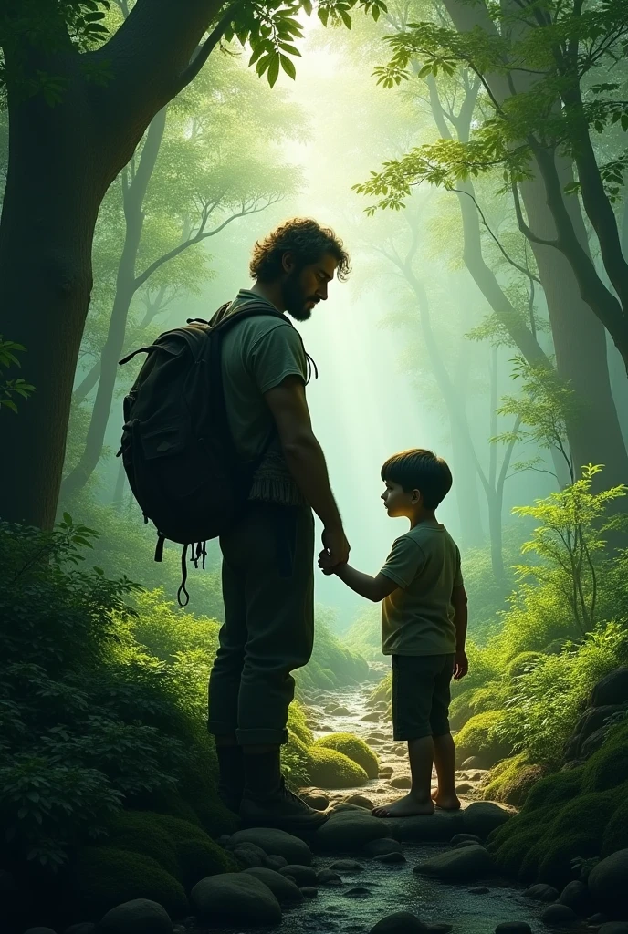 The same man follows the footprints and finds a child on the ground hugging his legs in fear.