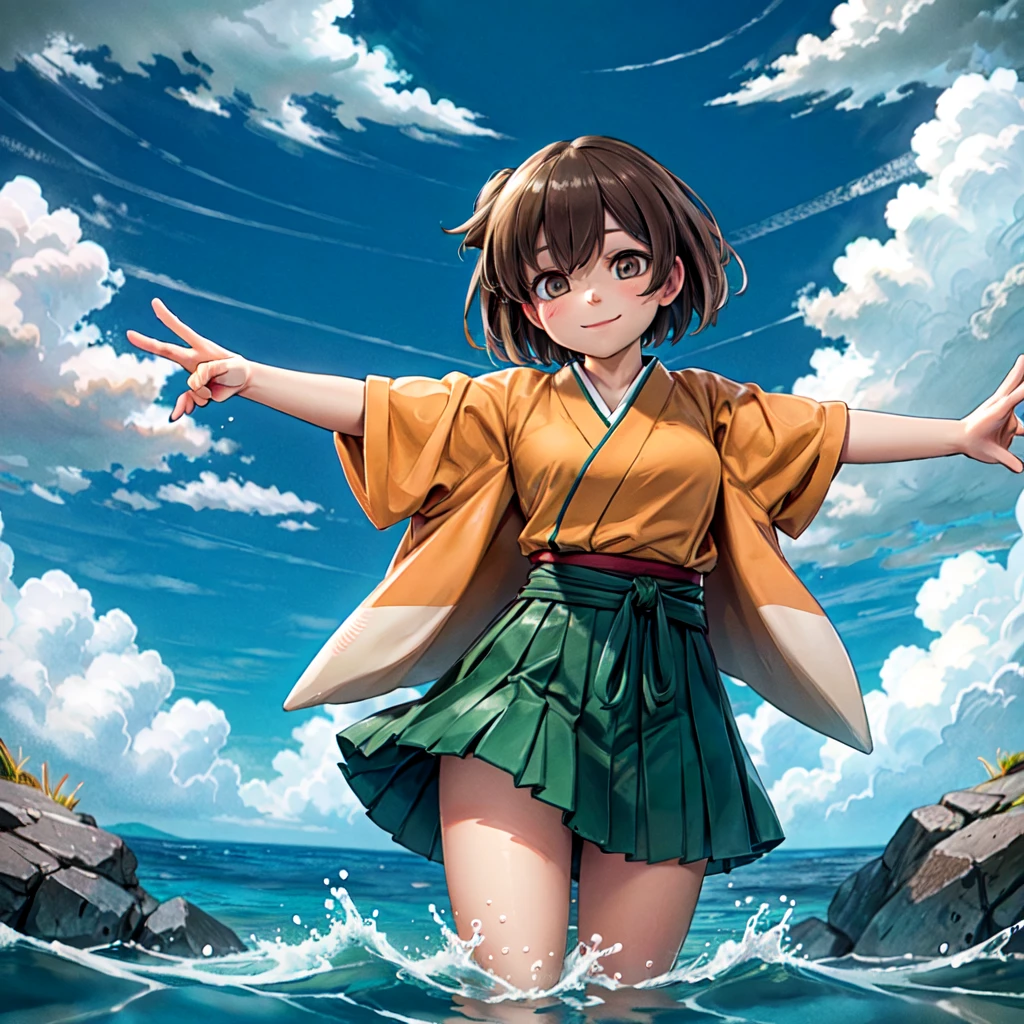 (masterpiece), (best quality), (ultra-detailed), photorealistic, (best illustration), (an extremely delicate and beautiful),1girl, hiryuukc, orange kimono, one side up, brown eyes, brown hair, green hakama, hakama short skirt, [outstretched arms::0.35], smile, cowboy shot, detailed scenery, ocean, horizon, blue sky, cloudy sky, facing viewer, wading, [:(peace sign):0.35], [:(hand in own hair):0.35]