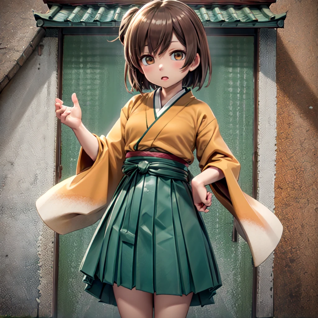 hiryuukc, 1girl, orange kimono, wide sleeves, green hakama, hakama short skirt, brown hair, brown eyes, one side up,