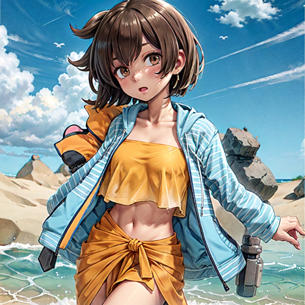 hiryuusummer, 1girl, (striped hoodie), blue hoodie, open clothing, open jacket, orange bikini, crop top, bandeau, tube top, frills, midriff, open jacket, bikini under clothes, sarong, brown hair, brown eyes, one side up,