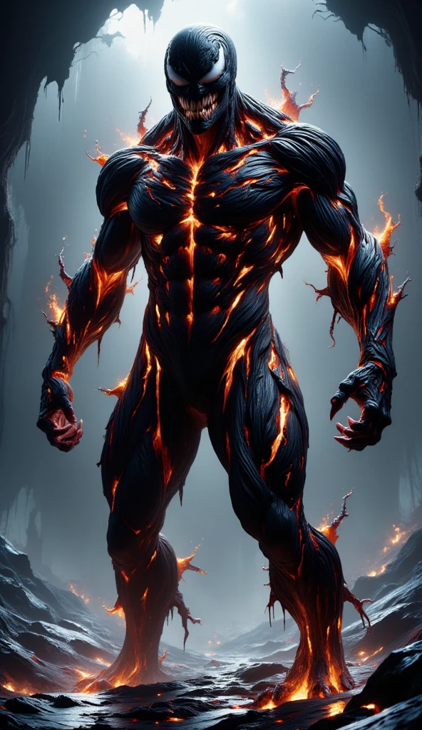 (best quality, ultra-detailed, photorealistic: 1.39), Horror-themed cinematic film still, a horrible male demon king wearing the Venom suit, with his eyes glowing with a strange red light, sharp teeth, (full body portrait :1.3), (Monstrous and evil face detailed:1.4), shrill, wide spread bat like ral-slava wings, (Scaly skin texture detailed:1.2), long curved horns, (In hell, Tormented souls that swirl, billowing smoke:1.5), long tongue, venom, marvel venom, Venom symbiote, shallow depth of field, vignette, highly detailed, high budget motion picture, Bokeh, cinemascope, moody, epic, splendid, film grain, grainy. mysterious, disturbing, dark, creepy, suspenseful, grim, highly detailedral-slava