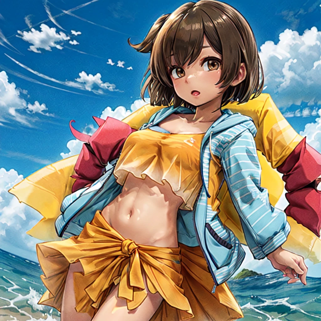 hiryuusummer, 1girl, (striped hoodie), blue hoodie, open clothing, open jacket, orange bikini, crop top, bandeau, tube top, frills, midriff, open jacket, bikini under clothes, sarong, brown hair, brown eyes, one side up,
