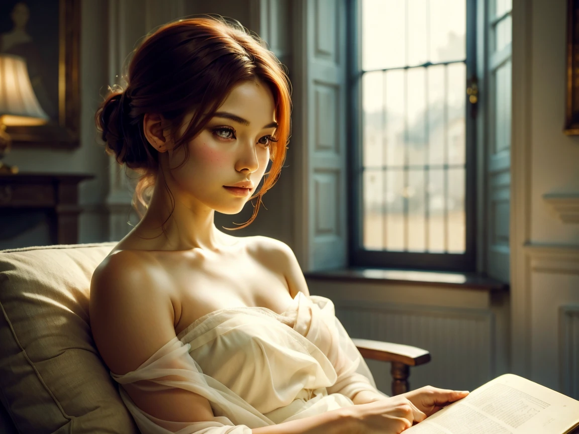 A young woman reclining gracefully, her posture relaxed yet refined. Her luminous auburn hair cascades over her shoulder, framing her serene face. Her bare shoulders and arms are softly illuminated by warm, diffuse light, contrasting delicately with the dark, minimalist background. She is partially draped in a light, flowing fabric that reveals her skin in an elegant and understated manner. Her gaze is lowered, absorbed in a book she holds gently in her hands. The scene captures the quiet intimacy of the moment, with warm ochre and gold tones blending into the deep shadows of the background, emphasizing the timeless beauty of her form and pose