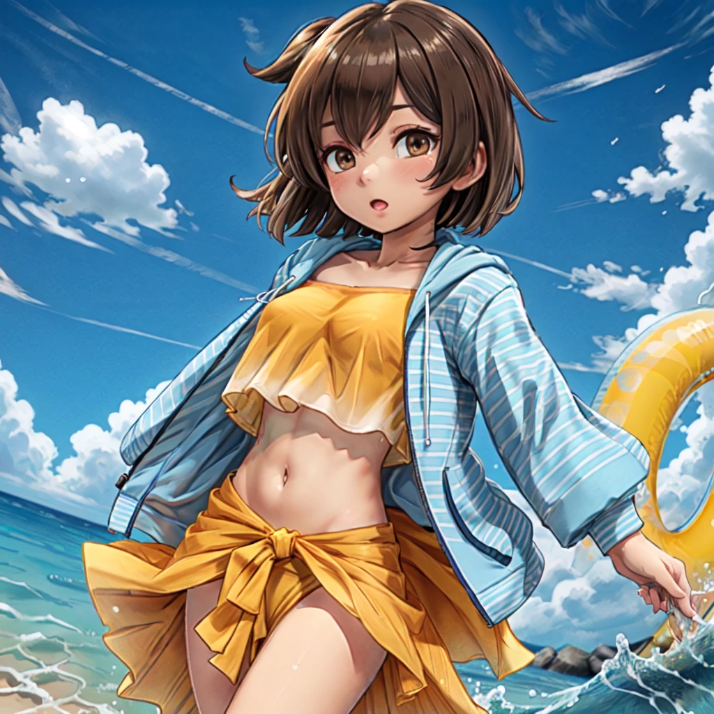 hiryuusummer, 1girl, (striped hoodie), blue hoodie, open clothing, open jacket, orange bikini, crop top, bandeau, tube top, frills, midriff, open jacket, bikini under clothes, sarong, brown hair, brown eyes, one side up,
