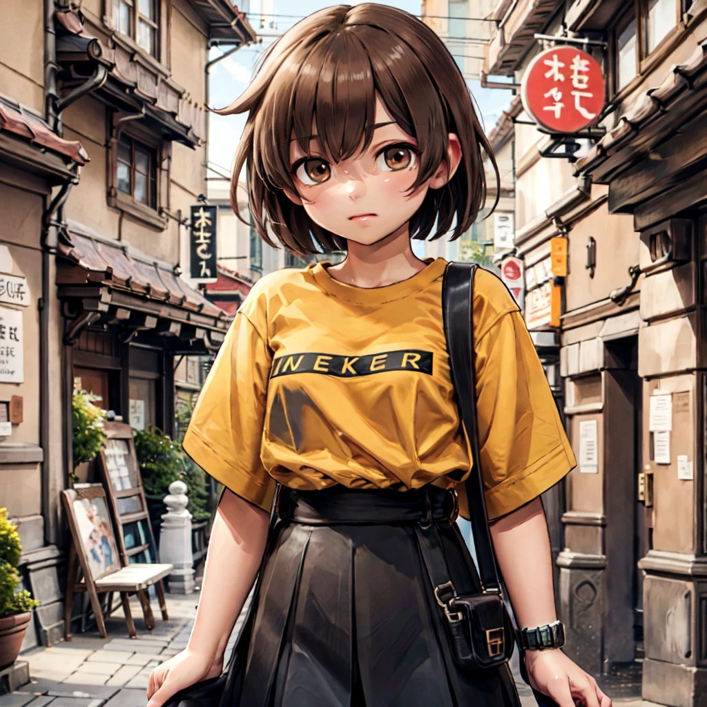 hiryuunikose, 1girl, orange shirt, (clothes writing), black skirt, wristwatch, shoulder bag, shoulder strap, brown hair, brown eyes, one side up,