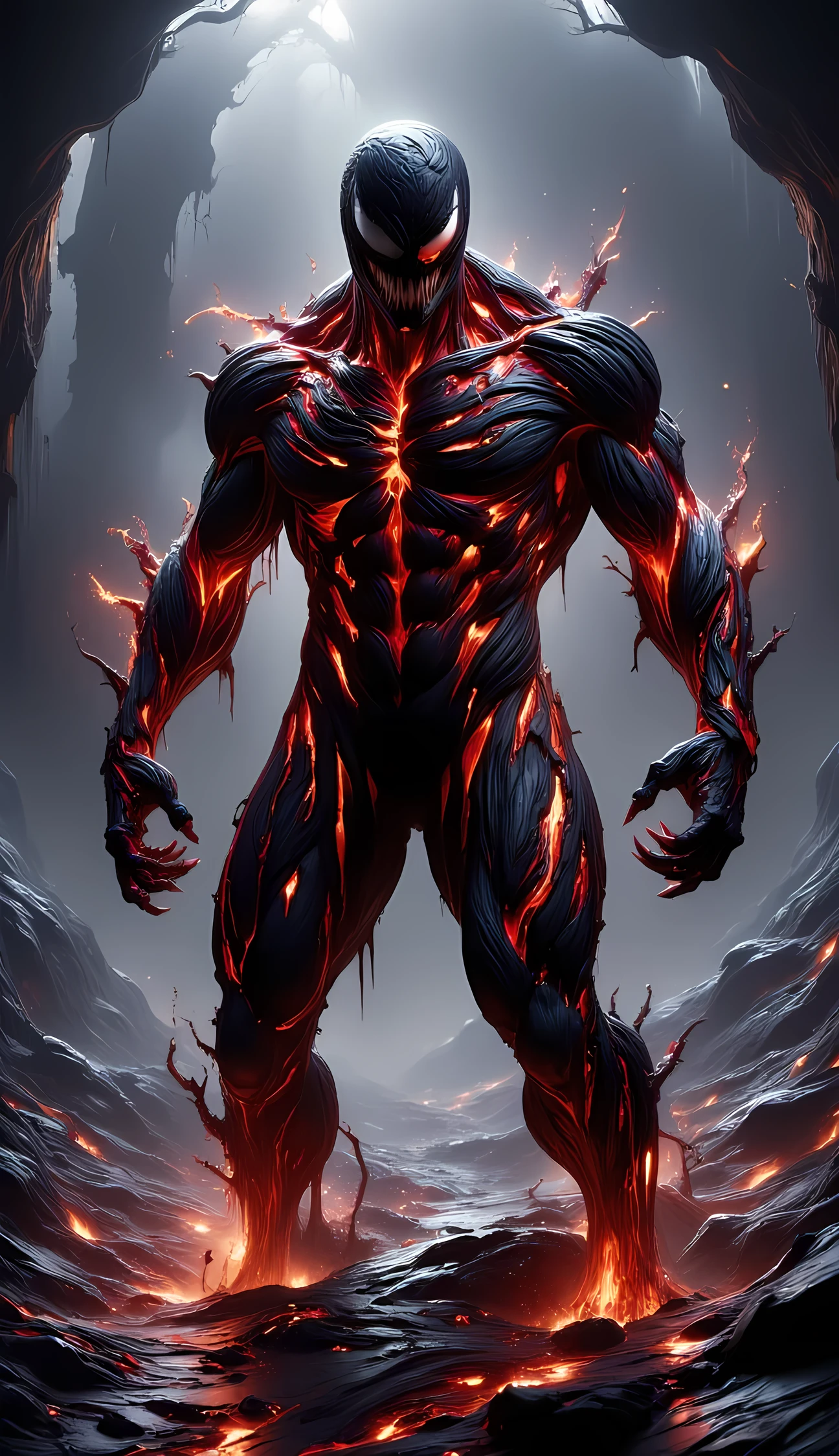 (best quality, ultra-detailed, photorealistic: 1.39), Horror-themed cinematic film still, a horrible male demon king wearing the Venom suit, with his eyes glowing with a strange red light, sharp teeth, (full body portrait :1.3), (Monstrous and evil face detailed:1.4), shrill, wide spread bat like ral-slava wings, (Scaly skin texture detailed:1.2), long curved horns, (In hell, Tormented souls that swirl, billowing smoke:1.5), long tongue, venom, marvel venom, Venom symbiote, shallow depth of field, vignette, highly detailed, high budget motion picture, Bokeh, cinemascope, moody, epic, splendid, film grain, grainy. mysterious, disturbing, dark, creepy, suspenseful, grim, highly detailedral-slava