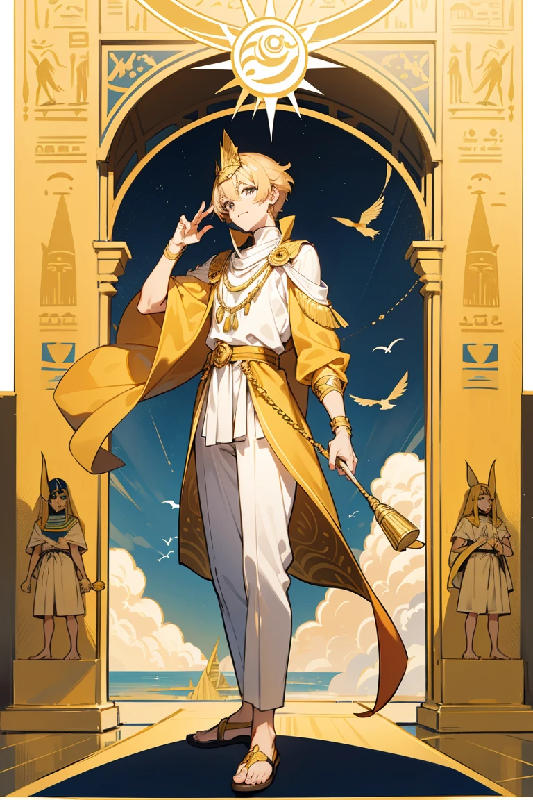  men,18 years old,Gold set,The King,bird, Sun,Short hair, golden hair,Full body,พื้นหลัง Sunสีส้ม,Pharaoh Costume, egyptian architecture background,ปีกbirdใหญ่,birdflyวน,fly