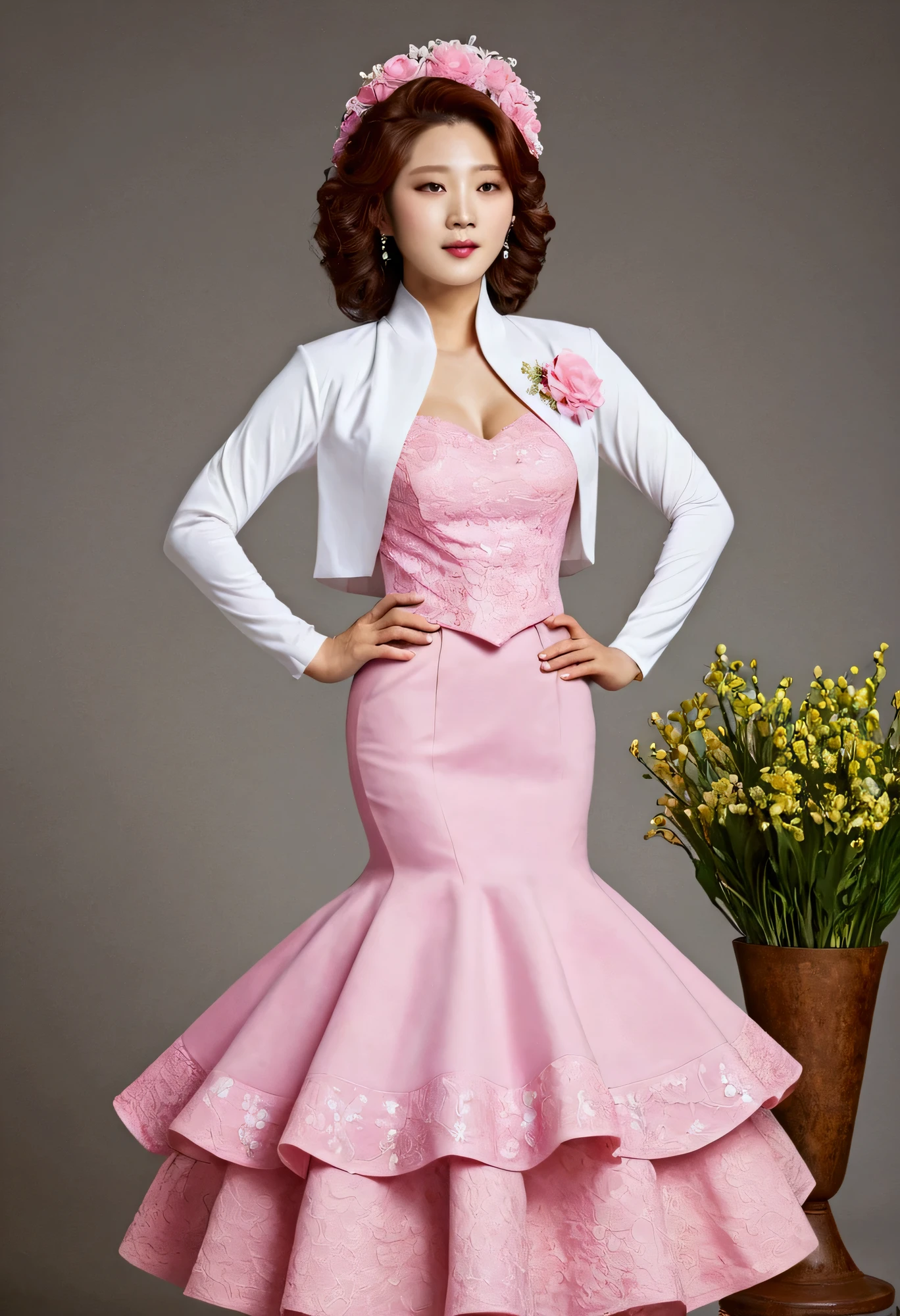 A Korean man had surgery to change his body from male to female, his body is completely female, he has big breasts like a woman, but his face is not changed and still looks like a man, His hair is still manly and short, he is wearing a mother's fancy dress costume, Mother of the Bride Dress Outfit, long sleeve bolero and dress set, bolero and dress coordination, vintage dress set, white and pink, mermaid skirt, minshot