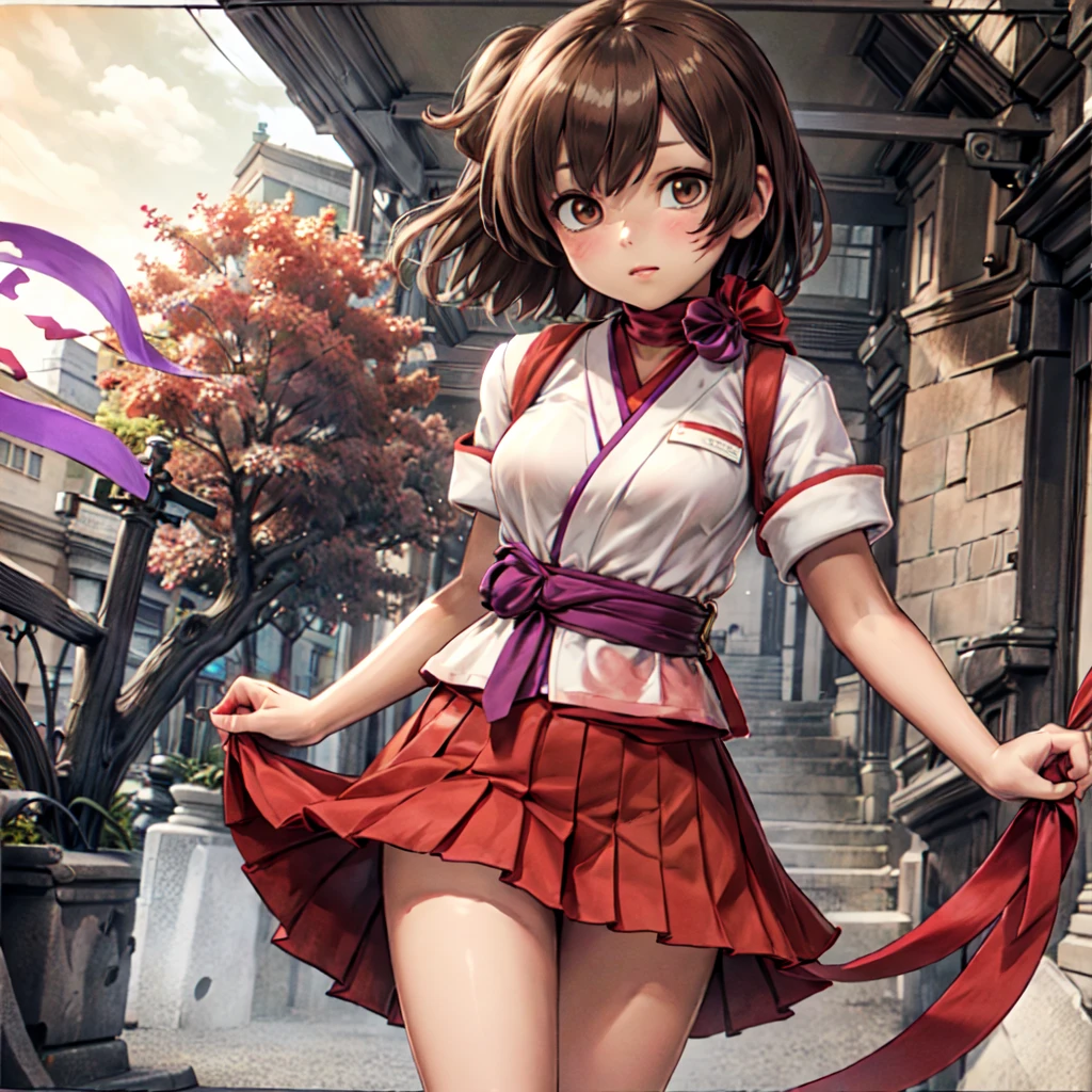 hiryuuair, 1girl, white shirt, red scarf, red ribbon, purple ribbon, red skirt, pleated skirt, pocket, name tag, brown hair, brown eyes, one side up,