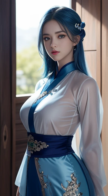 (hyper-realistic), (figure), (High resolution), (8k), (very detailed), (最佳figure), (beautiful and delicate eyes), (highest quality), (Super detailed), (masterpiece), (wallpaper), (lifelike), (Natural light), (edge light), (detailed face), (高度细致lifelike皮肤纹理), (anatomically correct), (alone), (1 girl), (高细节lifelike头发), (blue hair:1.2), spiky hair, (unusual eyes), (detailed green eyes), (I have a small mole under my eye), (realistic:1.5), (naked chest:1.3), (long legs), (slim abs), (dynamic pose), (please keep your mouth shut:1.3), (Traditional Hanfu), (transparent clothes:1.5), national foundation,show your chest,show your chest,expose her breasts,Huge ,Huge breasts,expose her breasts,Huge breasts,