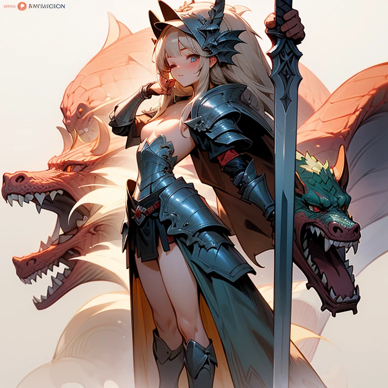 (dragon), woman, 1girl, Alone, far, small body, bracelets, multicolored hair, long hair, horns, dragon horns, anime style, high quality, best quality, flaking skin, scales, dark scales, leg with scales on the thigh, arms with scales, face with scales, dark skin, scaly skin, textured skin, dragon, paladin, warrior, half plate, brown scales, nsfw, armor