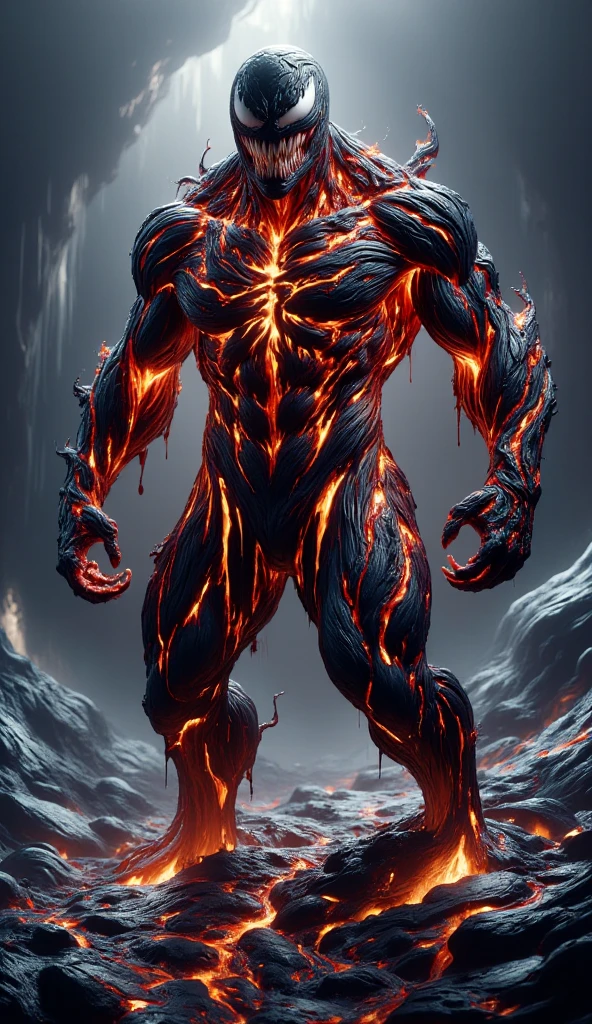 (best quality, ultra-detailed, photorealistic: 1.39), Horror-themed cinematic film still, a demon king wearing the Venom suit, with his eyes glowing with a strange red light, sharp teeth, (full body portrait :1.3), lava colored spider on chest, (Monstrous and evil face detailed:1.4), shrill, wide spread bat like ral-slava wings, (Scaly skin texture detailed:1.2), long curved horns, (In hell, Tormented souls that swirl, billowing smoke:1.5), long tongue, venom, marvel venom, Venom symbiote, shallow depth of field, vignette, highly detailed, high budget motion picture, Bokeh, cinemascope, moody, epic, splendid, film grain, grainy. mysterious, disturbing, dark, creepy, suspenseful, grim, highly detailedral-slava