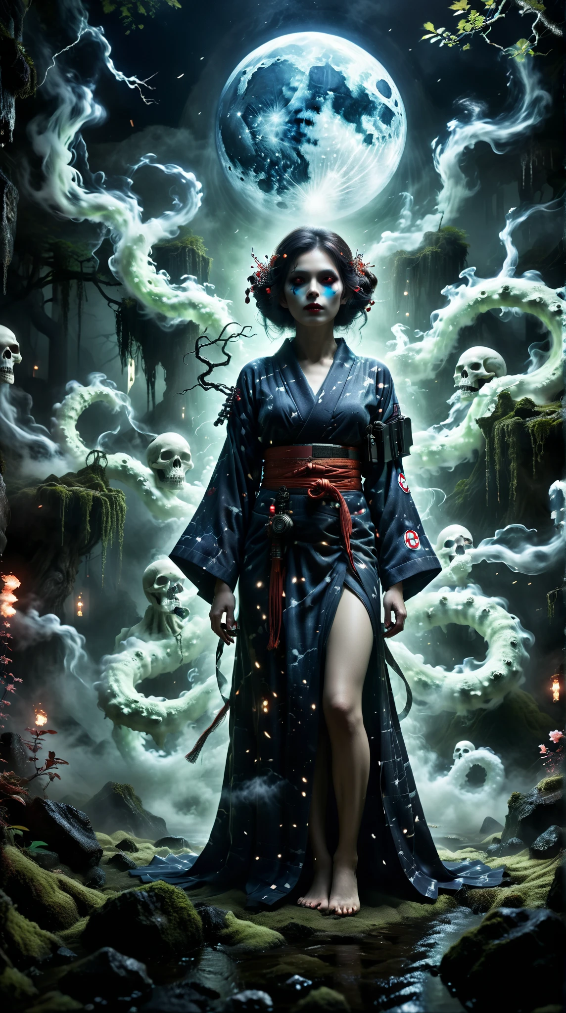 Fantasy Ghostbusters  ， Skull girl with no skin and no blood,  ，  with clear and complete bones  ，  wearing a gorgeous Japanese kimono  ，  has a dark air around her body，  in the dark ，  stands in a misty deep forest canyon ， looking mournfully in front  ，Full Moonlight，