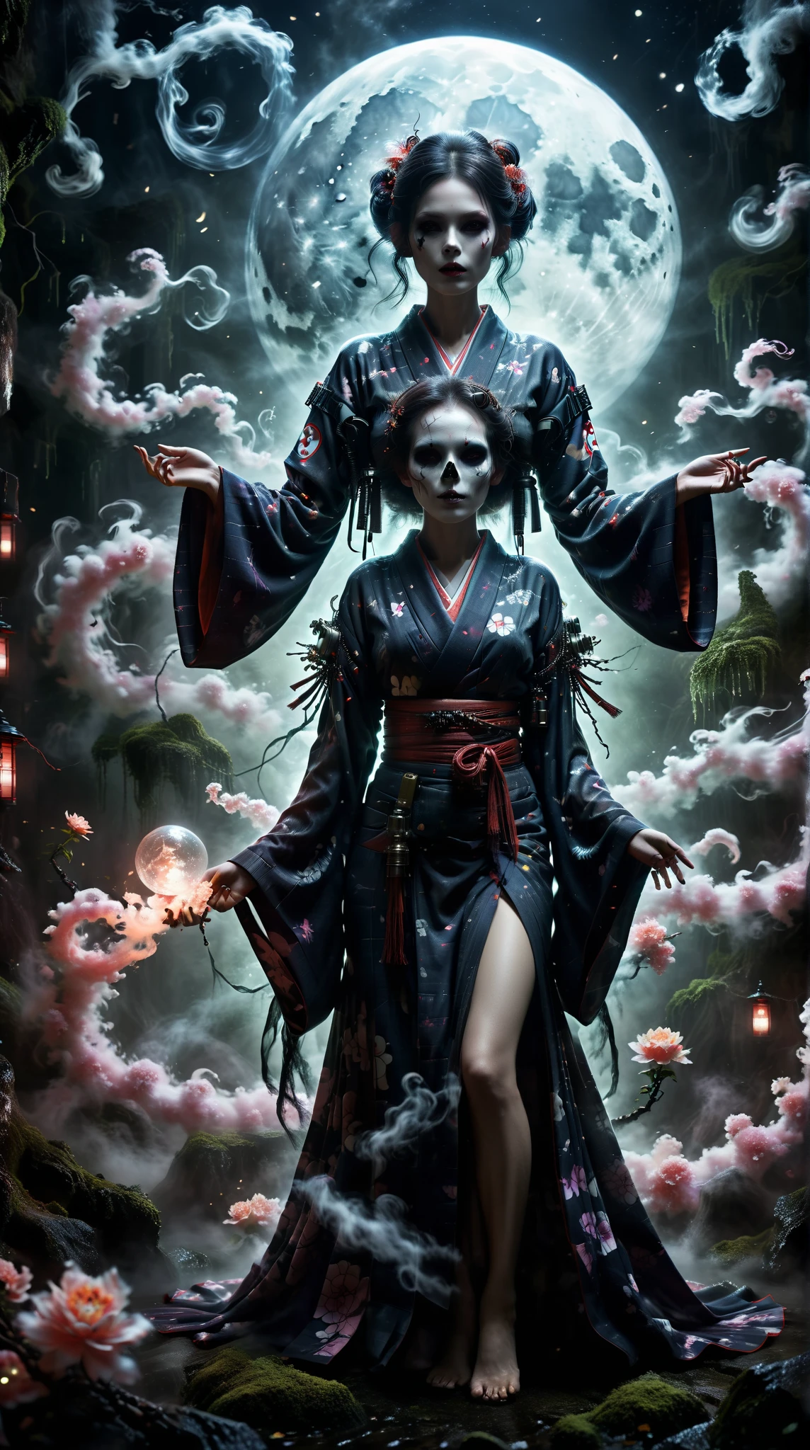 Fantasy Ghostbusters  ， Skull girl with no skin and no blood,  ，  with clear and complete bones  ，  wearing a gorgeous Japanese kimono  ，  has a dark air around her body，  in the dark ，  stands in a misty deep forest canyon ， looking mournfully in front  ，Full Moonlight，