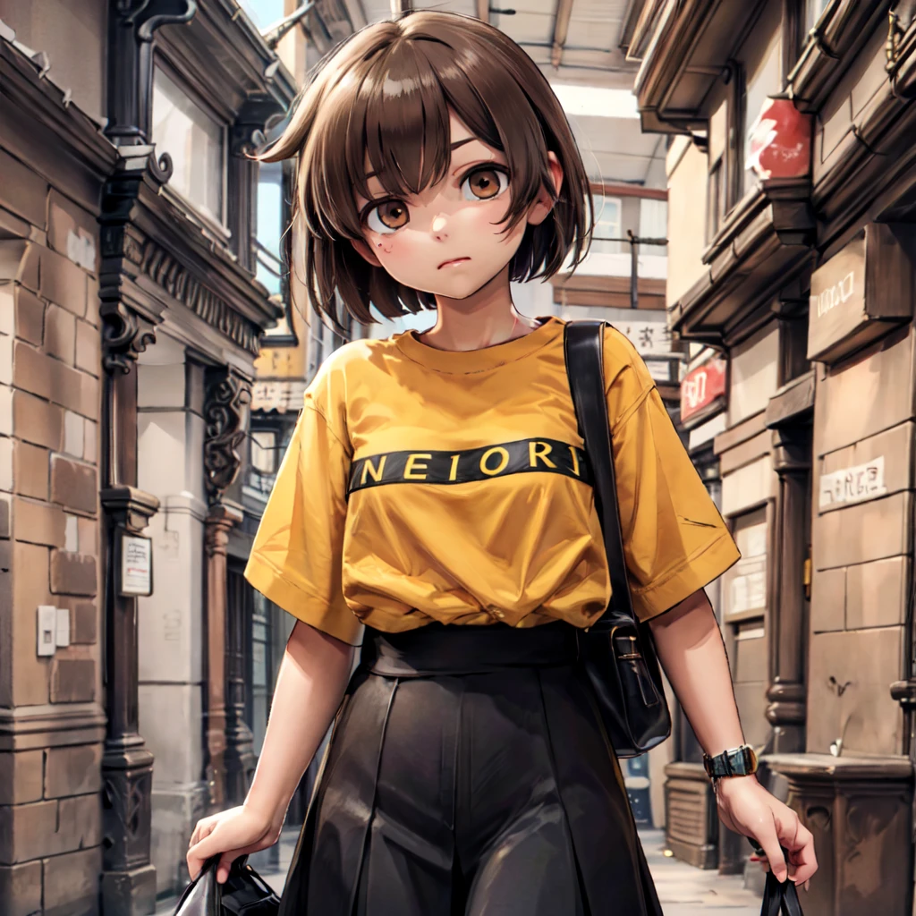 hiryuunikose, 1girl, orange shirt, (clothes writing), black skirt, wristwatch, shoulder bag, shoulder strap, brown hair, brown eyes, one side up,
