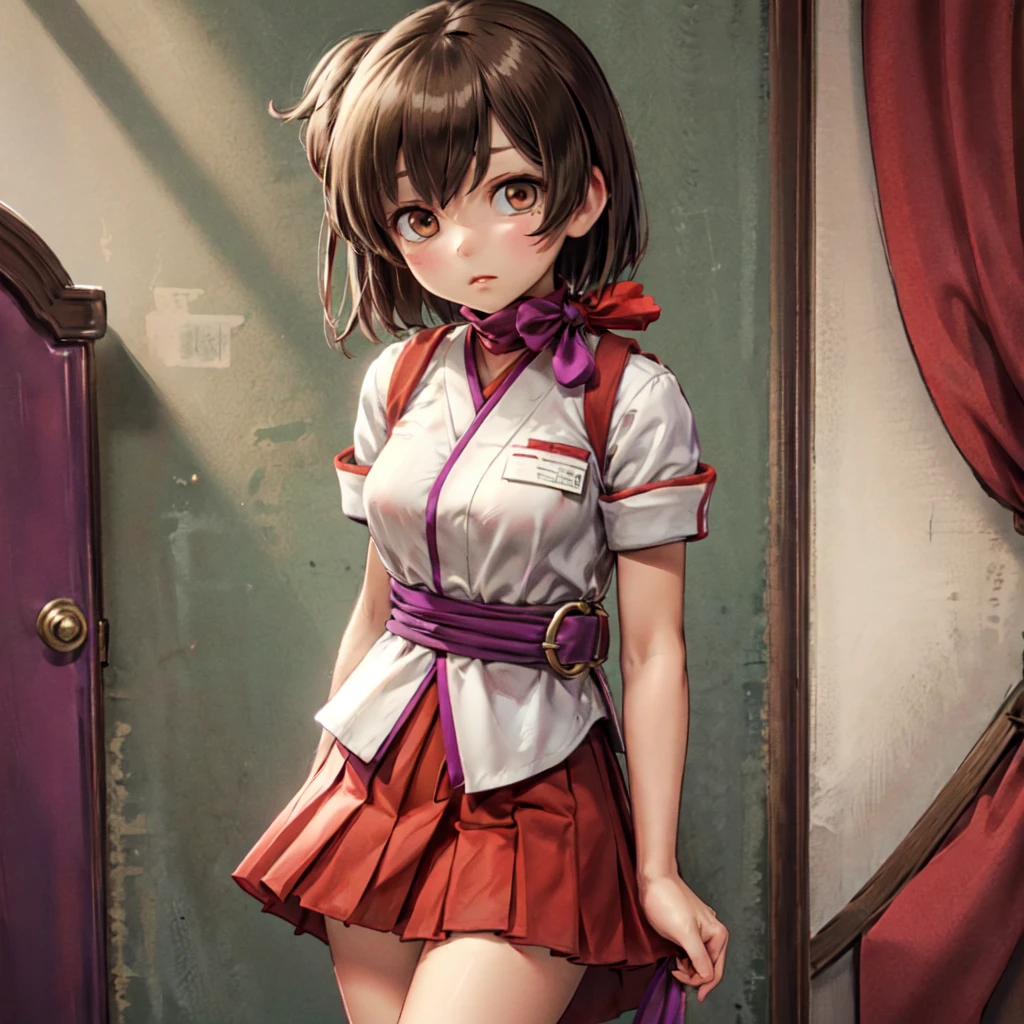 hiryuuair, 1girl, white shirt, red scarf, red ribbon, purple ribbon, red skirt, pleated skirt, pocket, name tag, brown hair, brown eyes, one side up,
