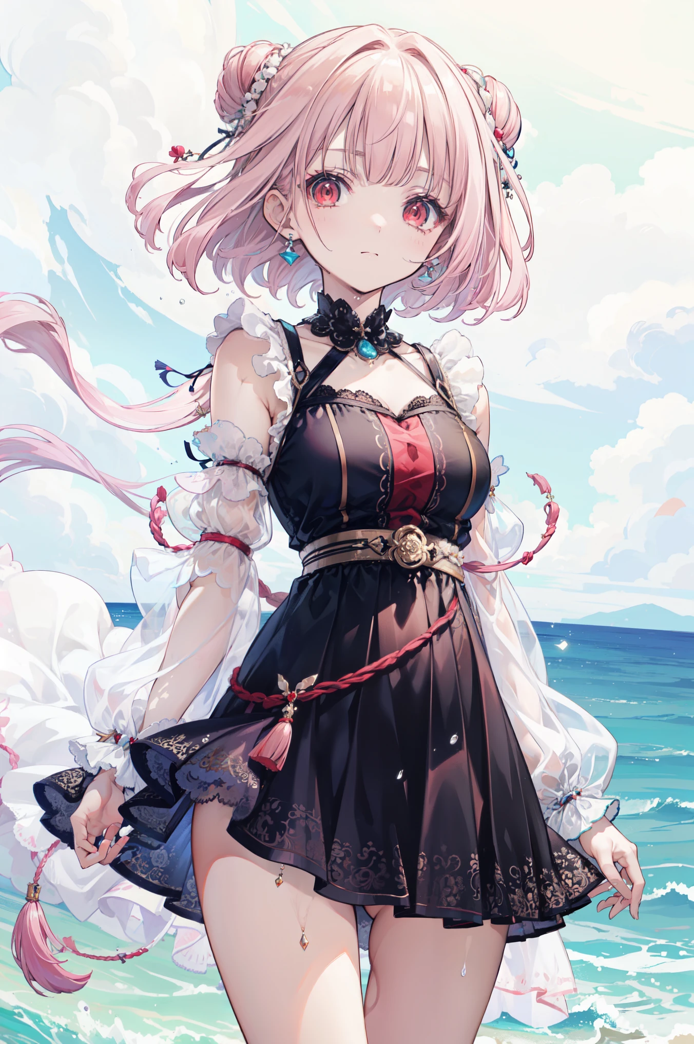 (((Best quality, high-resolution , masterpiece , masterpiece , Best, high-resolution ))). a girl , Lonely. (((My is beautiful, Cute Girl, has beautiful pink hair , Short, Slender figure , and anime faces))). She's a young girl , About ten years old, with beautiful white skin and medium length hair, tied it into a big bun . She has depth, shining red eyes,tilt. There is no expression on her face .. Her body and adolescent breasts are medically correct. Her limbs are slender, her limbs and fingers are medically correct ,cool dress , loose clothing , Her clothes fluttered in the wind . her background ocean seaside,Wet clothes