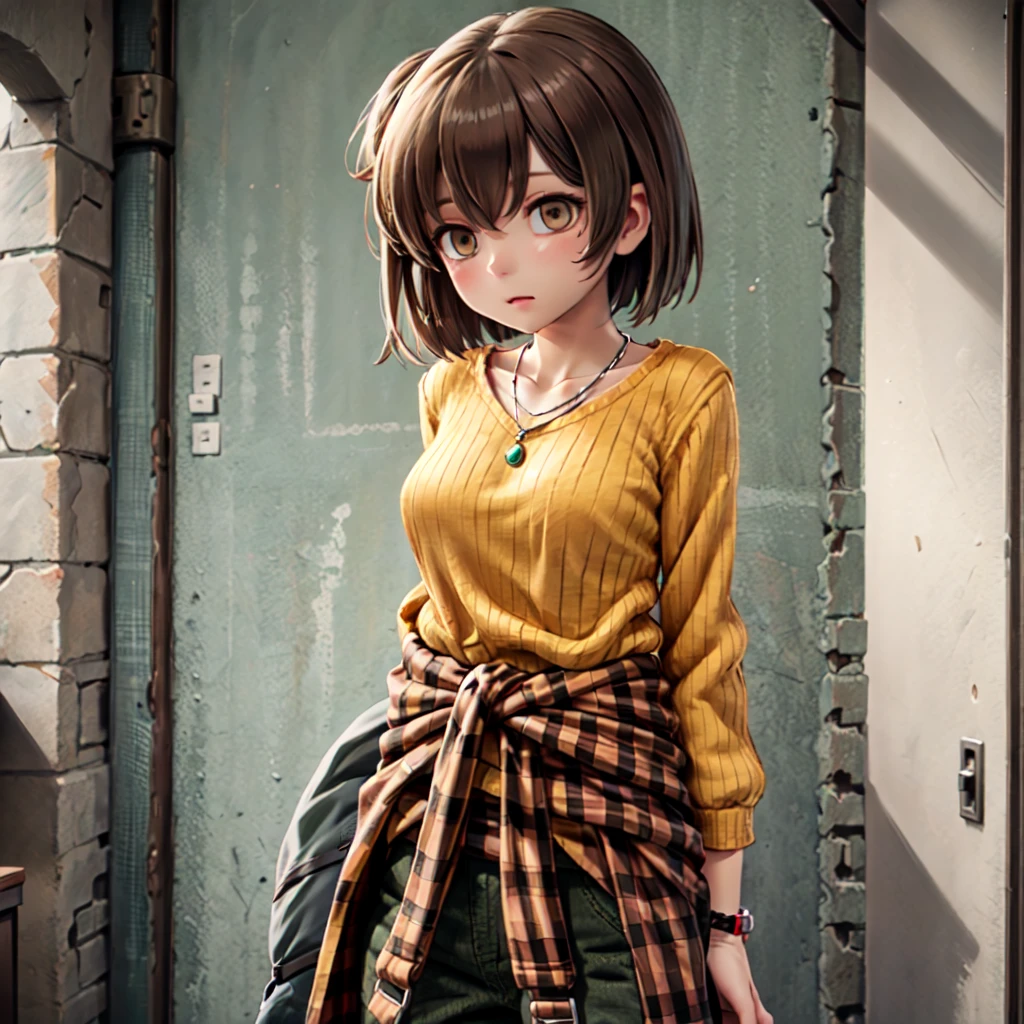 hiryuucasual, 1girl, orange sweater, ribbed sweater, long sleeves, necklace, pendant, bracelet, clothes around waist, jacket around waist, plaid, green pants, brown hair, brown eyes, one side up,
