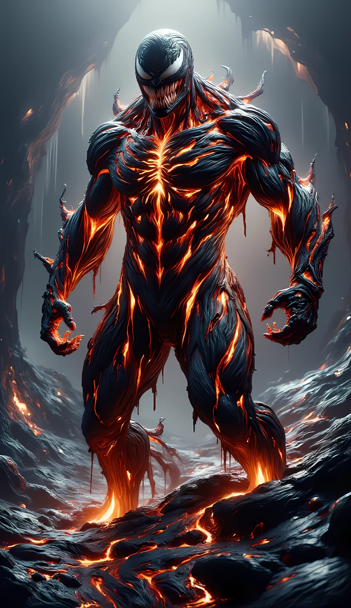 (best quality, ultra-detailed, photorealistic: 1.39), Horror-themed cinematic film still, a demon king wearing the Venom suit, with his eyes glowing with a strange red light, sharp teeth, (full body portrait :1.3), lava colored spider on chest, (Monstrous and evil face detailed:1.4), shrill, wide spread bat like ral-slava wings, (Scaly skin texture detailed:1.2), long curved horns, (In hell, Tormented souls that swirl, billowing smoke:1.5), long tongue, venom, marvel venom, Venom symbiote, shallow depth of field, vignette, highly detailed, high budget motion picture, Bokeh, cinemascope, moody, epic, splendid, film grain, grainy. mysterious, disturbing, dark, creepy, suspenseful, grim, highly detailedral-slava