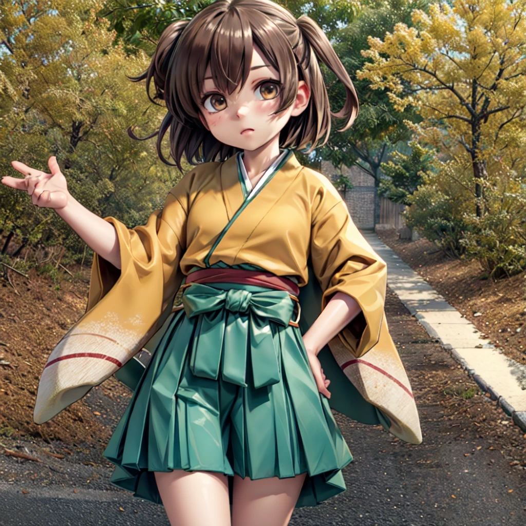 hiryuukc, 1girl, orange kimono, wide sleeves, green hakama, hakama short skirt, brown hair, brown eyes, one side up,
