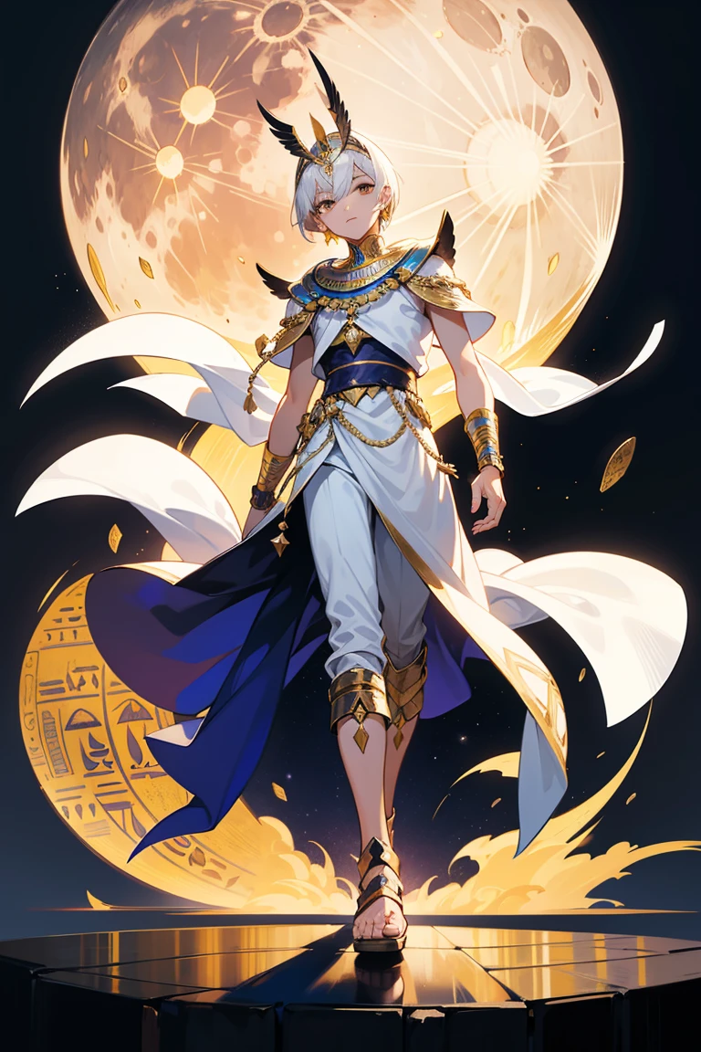  men,18 years old,Silver dress,The King,moon,Short hair,White hair,Full body, dark background,Pharaoh Costume, egyptian architecture background,White hawk ,moonเสี้ยว,MOONRISE BACKGROUND