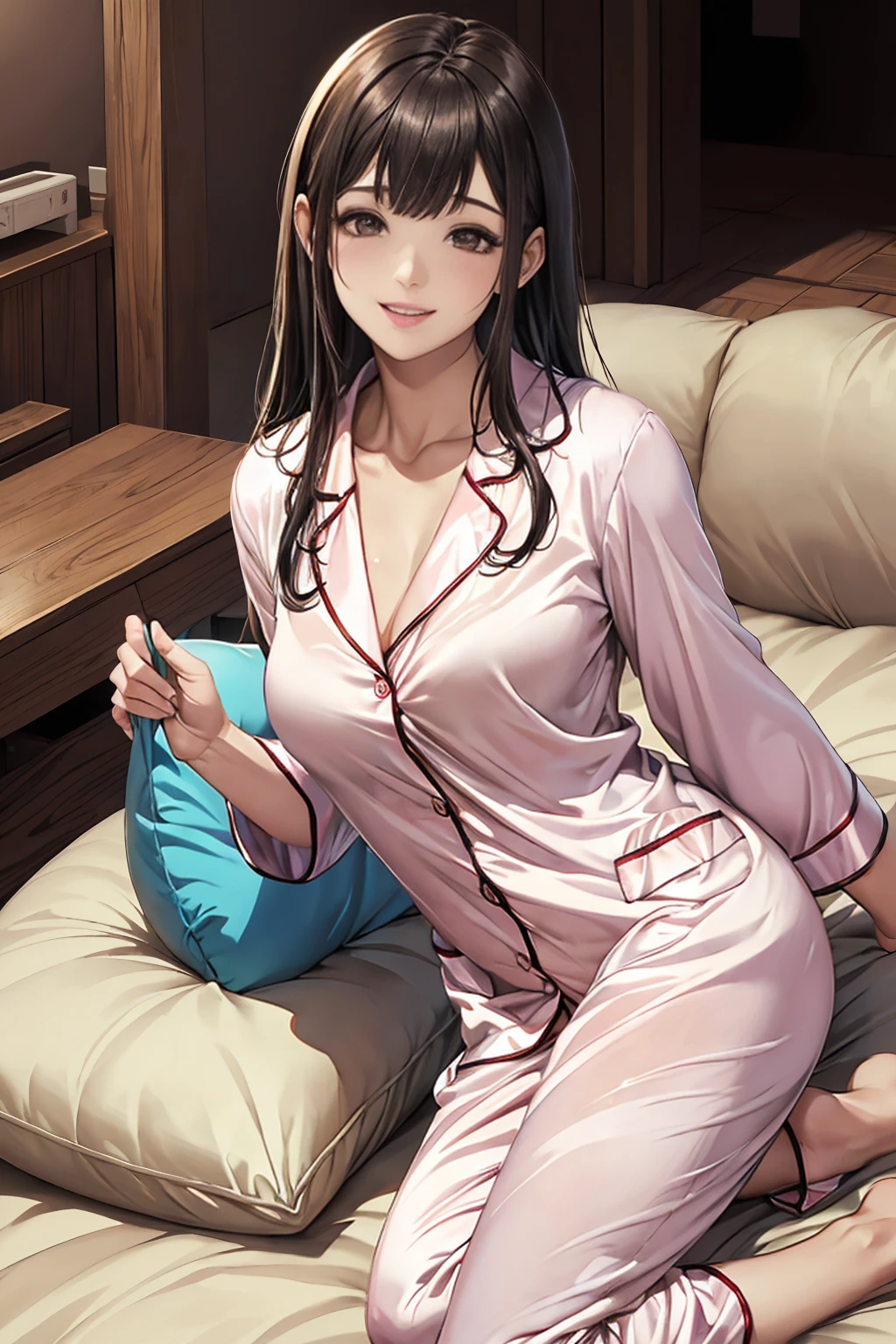 ((((Perfect Anatomy, Very detailed肌)))), 1 girl, Japanese, , Glowing Skin, Large Breasts:0.5, Take in the view, 
Beautiful Hair, Beautiful Face, Beautiful attention to detail, (Long Hair:1.4), 
Beautiful clavicle, Beautiful body, Beautiful breasts, Beautiful thighs, Beautiful feet, Baby Face, M the eye, Captivating arms, Captivating thighs, 
((pajamas)), 
(smile), Sitting bed, 
(Beautiful views), Bedroom, 
(8k, Highest quality, Masterpiece​:1.2, Very detailed), (Realistic), Beautiful illustrations, Cinema Lighting,