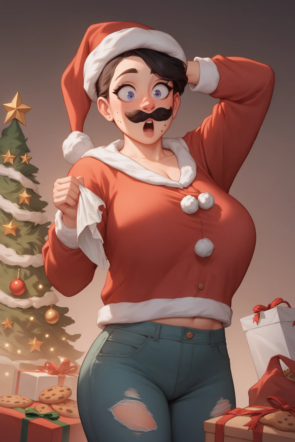 (sad) grey background, solo, (((1 girl))), very long hair, black hair, yellow eyes, (((massive female bodybuilder))), (((huge breasts)), pale skin, slick hair, (christmas sweater santa hat) close up