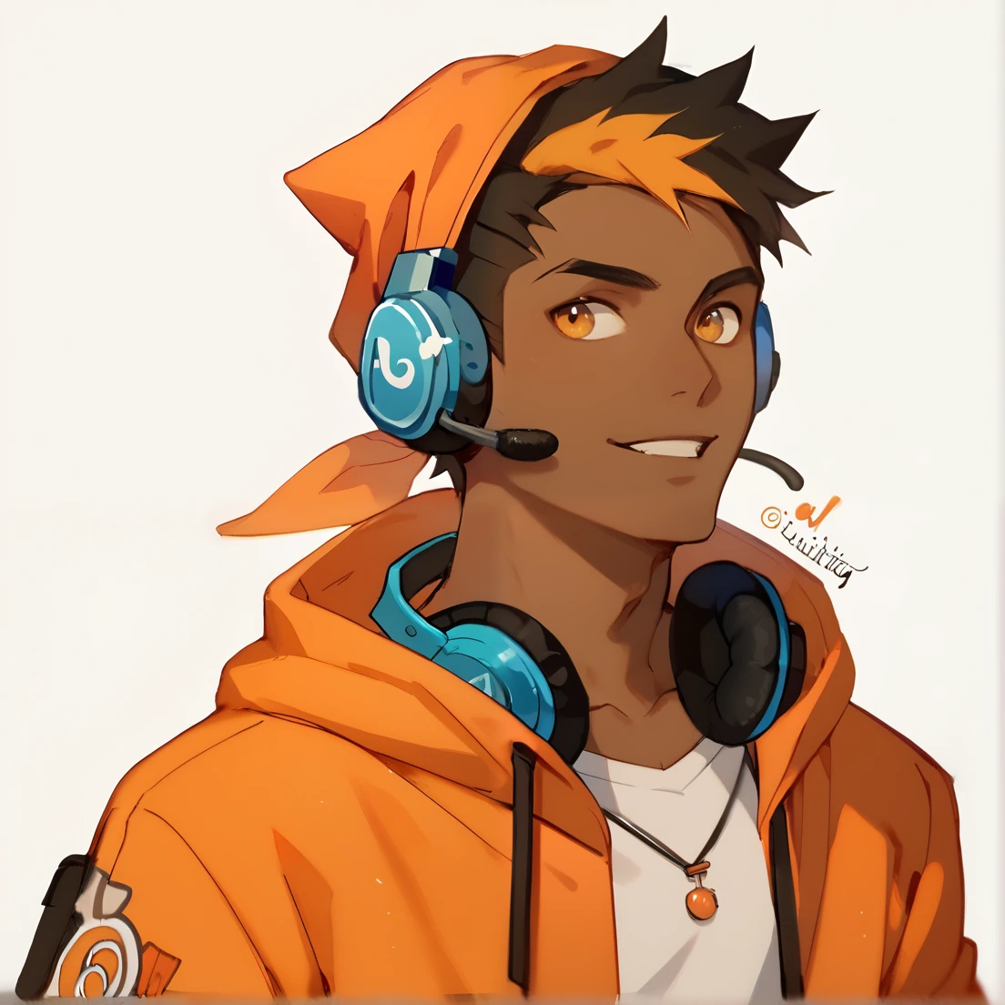 “A chibi-style male character with dark skin, themed hoodie in orange and black as the main colors. The character has a bandana on his head, headphones around his neck, and stands against a plain white background. The overall design emphasizes a fun and dynamic aesthetic with small proportions and expressive features.”