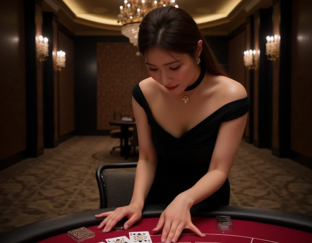 From above view, gaze trump card, 1 girl, mature female, Shin Sekyung, gold earring and neck-less,  , black evening dress, solo ,play gamble, trump Poker game , in casino, (masterpiece, Highest quality, masterpiece, God-like quality, Godly art, Very realistic)