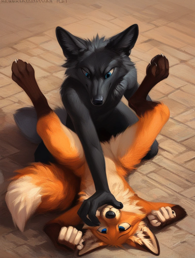 score_9, score_8_up, score_7_up, source_furry, rating_safe, by kenket, anthro, duo, male/male, wolf, black body, blue eyes, fox, orange body, cowgirl style, legs, hand holding, 1 sneering fox, sad face, fullbody portrait, on floor, hind legs, black pawpads, fighting, face to face, birds eye view, riding, exhausted fox, legs spread, feet up
