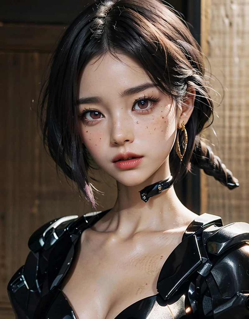 Masterpiece,Game art,The best picture quality,Highest resolution,8K,(Portrait),Unreal Engine 5 rendering works,(Digital Photography),((Portrait Feature:1.5)),
20 year old girl,Short hair details,With long bangs,(The red eye makeup is very meticulous),(With long gray hair:1.4),(Large, full breasts),Elegant and noble,Brave and charming,
(Future armor combined with the characteristics of ancient Chinese armor,Hollow design,Power Armor,The mysterious Eastern runes,A delicate dress pattern,A flash of magic),Warrior of the future,Cyberpunk figures,Background of war,
Movie lights,Ray tracing,Game CG,((3D Unreal Engine)),OC rendering reflection pattern
