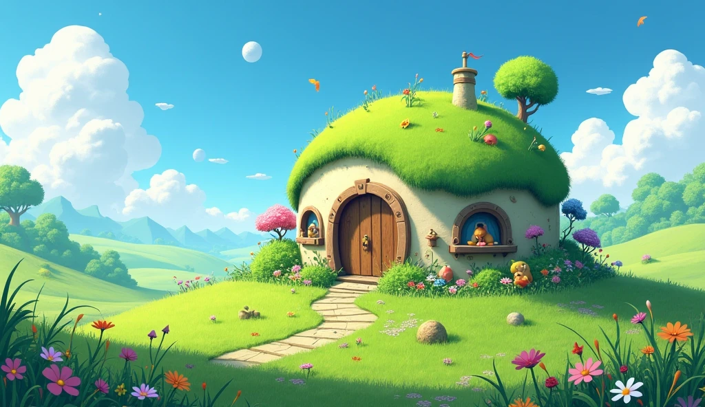 Fresh green meadow, blue sky, middle of space, planet, fresh green grass covered roof, near future, fantasy house, realistic fantasy rendering, fantasy architecture, Filip Hodas art style, round house, fantasy planet, fantasy matte painting, cute, overgrown grass, flowers, planet, fantasy building, round house with cute characters, ghibli studio style, solarpunk architecture, ultra detailed fantasy