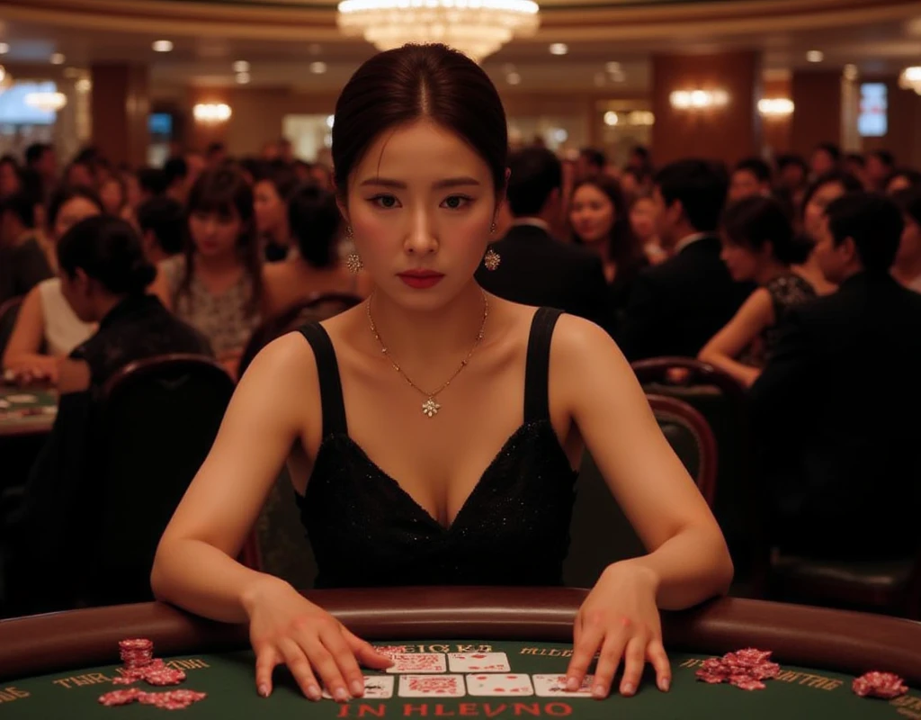 From above view, gaze trump card, 1 girl, mature female, Shin Sekyung, gold earring and neck-less, lady watch , black evening dress, solo ,play gamble, trump Poker game , in casino, many guest looking her (masterpiece, Highest quality, masterpiece, God-like quality, Godly art, Very realistic)