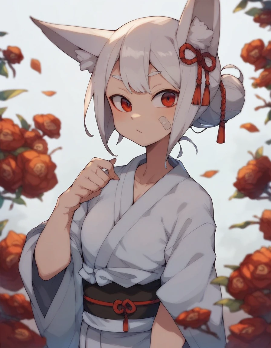  kitsune girl in red and white yukata,  with red eyes ,  white hair bandage on the eyes,  tied in a bun , fox white ears .