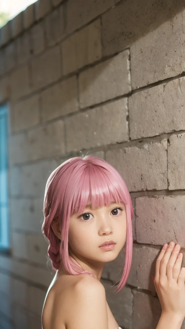 A young girl named Iroha Tamaki
with pink hair and
Pink eyes against the
wall completely naked