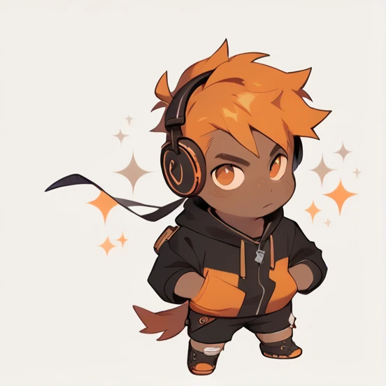 “A chibi-style male character with dark skin, themed hoodie in orange and black as the main colors. The character has a bandana on his head, headphones around his neck, and stands against a plain white background. The overall design emphasizes a fun and dynamic aesthetic with small proportions and expressive features.”