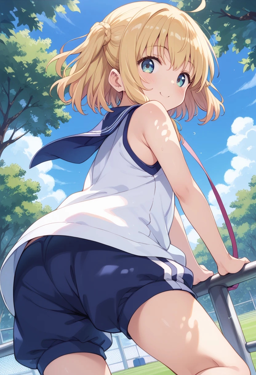  looking at camera　 from behind 　　 lower angle 　　１ girls　Cute gym clothes　cute workout clothes 　Long sportswear 　　Bloomers　Bloomers1：5　Bloomersの食い込みをなおす　Bloomersを整える　 Sports Fields