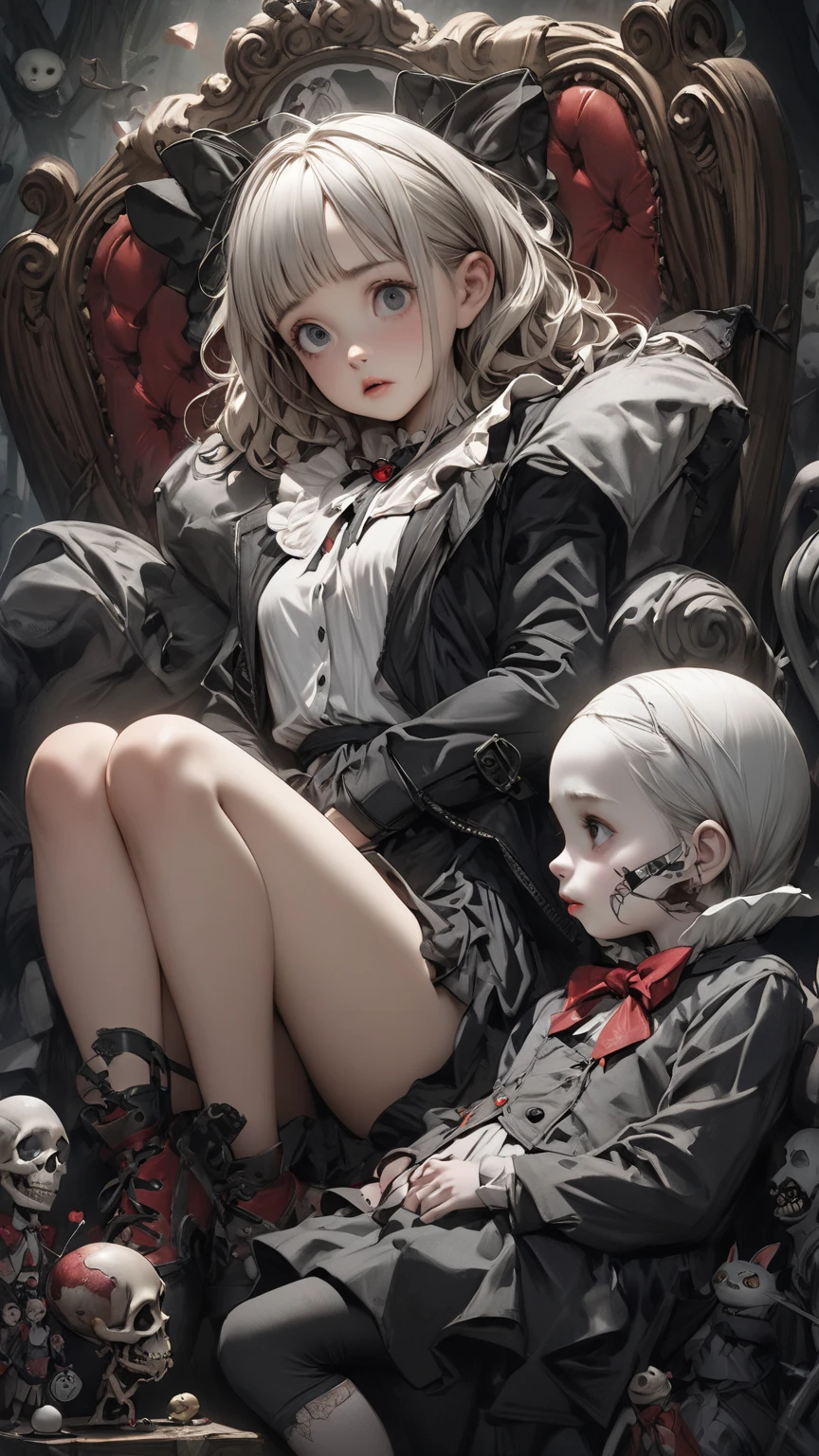 ((best quality)), ((masterpiece)), (detailed),  (flat chest:1.1), perfect face, hand drawn style, hand painted style, watercolour, sketch, a knight, white background, plain background, Bloodborne inspired, tatty Bloodborne attire, occult aesthetic, occult, tatty red and white clothing detailed and intricate steampunk and detailed gothic lolita (with a hood), diadems, long coat, Complex laced boots, Fluttering lace flared long knee length dress with frilly petticoats, long dress, knee length dress, pleated petticoats, lolita dress, petticoats gothic lolita, beautiful small breasts, (((( Highly detailed face))), small thin nose, Small thin lips mouth, (((Very sharp focused eyes))), Very large slit precision pale grey eyes that shine like jewels. very long eyelashes, Silver hair swaying in the wind, Emitting a dazzling light in a mandala pattern, white background, Very dramatic and cinematic lighting, tatty damaged old red and white clothing, full body, whole body, body, cosmic horror, grim dark