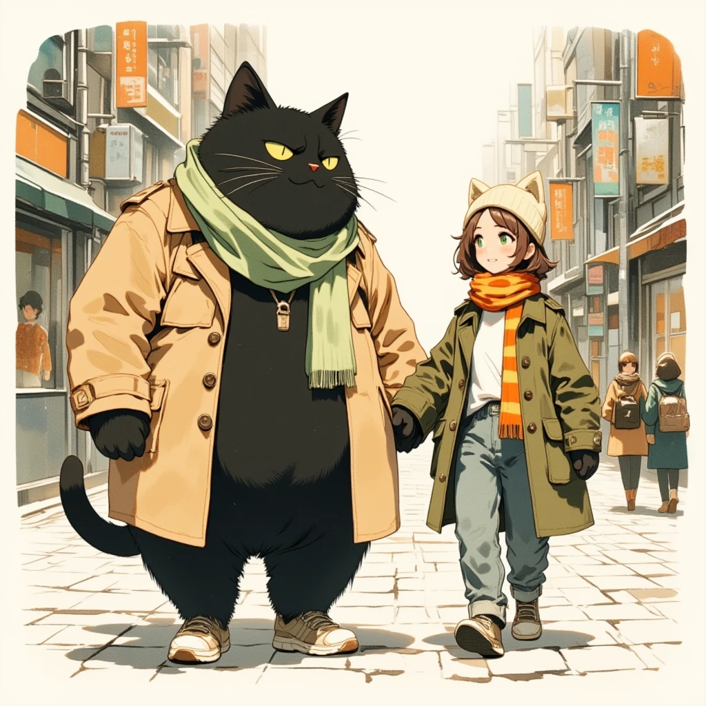 Watercolor painting illustration, upper body, A big-black-cat and A cute-young-lady are walking toward the camera, chatting with smile. A big-black-cat is 1cat\(A fat furry male black cat, Bipedal,wearing a Beige trench coat and light green striped woolen scarf, His Ears tilted back and spread out to the sides, drooping ears, Slit yellow eyes, slit eyes, slit yellow eyes\), A cute-young-lady is 1lady\(brown hair, asymmetrical hair, Lime Green eyes, smile, Cat ear knit cap, A Moss green trench coat over white Tee, A yellow and orange striped woolen scarf, denim pants, sneakes, she has no tail\), Cobblestone pavement in winter city