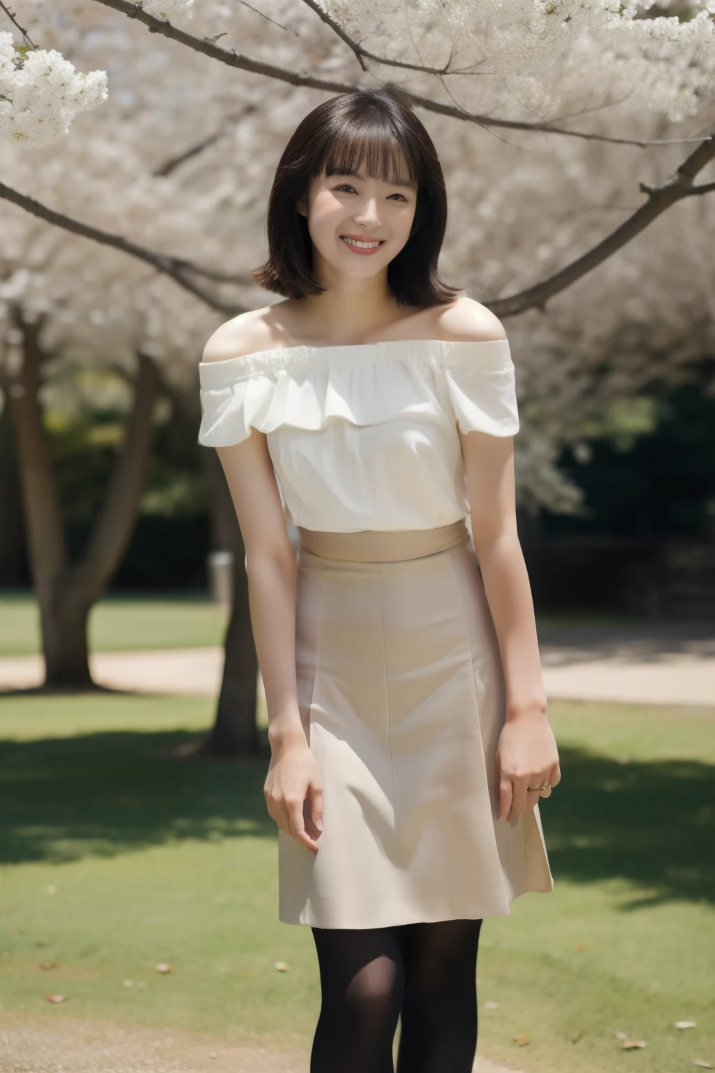 Woman standing under a cherry tree in a park、 off-the-shoulder white shirt、Woman with small breasts in shape 、Wear a black slit tight skirt、 wearing beige pantyhose、Smile and high pose 、 full body photo、