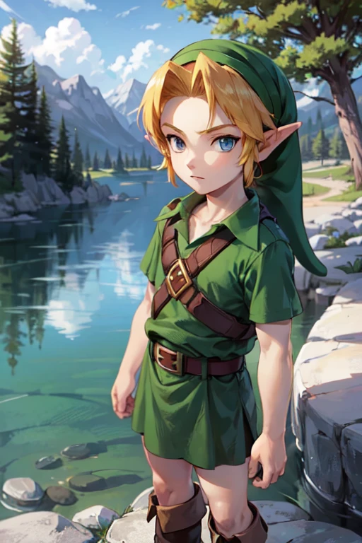 young link, Chico, by rubio, blue eyes, has, pointy ears, blue tunic, belt, Boots, looking at the viewer, outside, Magic lake, lake, extreme detail, HdR, beautiful quality, masterpiece,