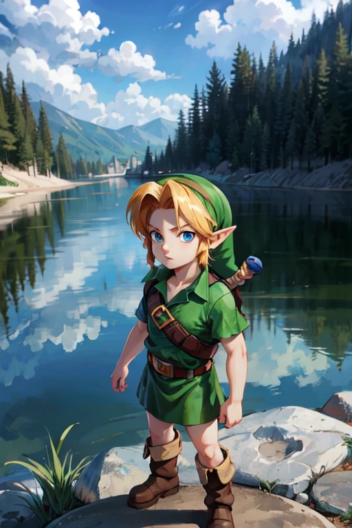 young link, Chico, by rubio, blue eyes, has, pointy ears, blue tunic, belt, Boots, looking at the viewer, outside, Magic lake, lake, extreme detail, HdR, beautiful quality, masterpiece,