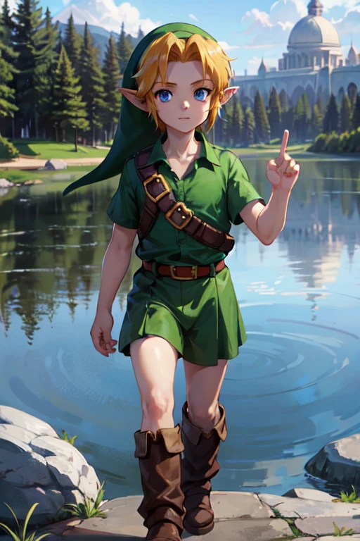 young link, Chico, by rubio, blue eyes, has, pointy ears, blue tunic, belt, Boots, looking at the viewer, outside, Magic lake, lake, extreme detail, HdR, beautiful quality, masterpiece,