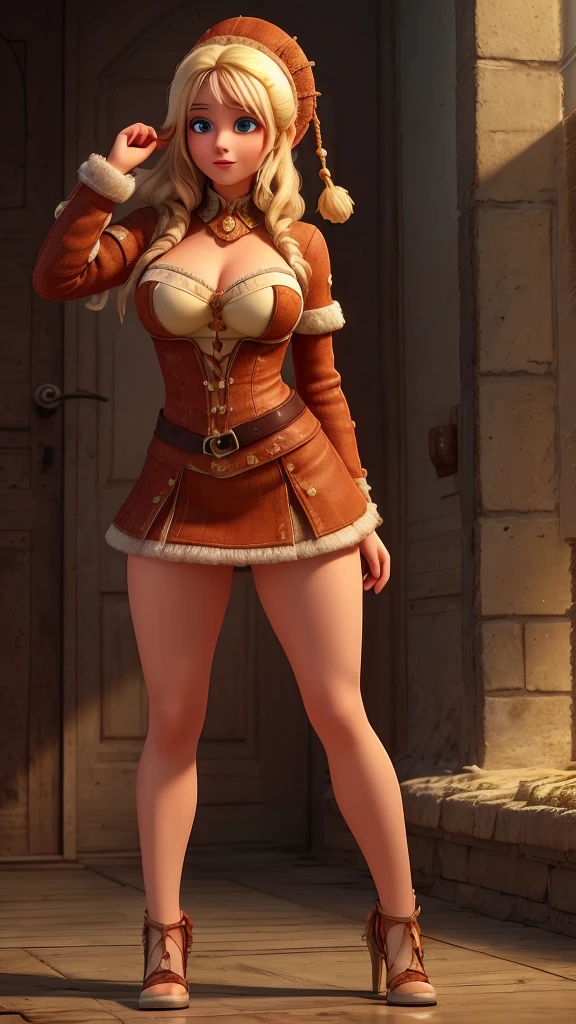 (Masterpiece, best quality, intricate details, 1sologirl) (Roxanne Slave harem attire) iron collar, arms behind back, iron cuffs, shackles, bound ((standing by wooden pole:1.2)) show entire body frontal position, feet in view, realistic, gorgeous, 1girl, solo, looking at viewer, orange hair, blonde hair, hair between eyes, bangs, brown eyes, breasts, large breasts, animal ears, collar, black hairband, hairband, tail, dog tail, green pants, dog ears, cleavage, floppy ears, black collar, dog girl, bare shoulders, detached sleeves, anime coloring