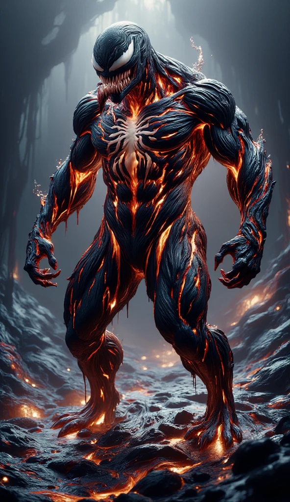 A hybrid of Venom and Satan , Demon Wings,  horns on the head,  demon tail,  in the underworld surrounded by fire , imposing poses,  an angry face with sharp teeth and a long salivating tongue, white spider on chest,  muscular body 