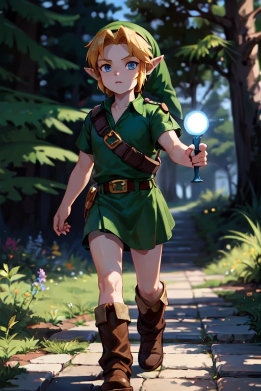 Young link , chico, by the ruby, Blue eyes, has,  pointy ears , ((blue tunic)),  belt, boots,  looking at the spectator, outside, Magical forest,  extreme detail , hdr, beautiful quality,  masterpiece,