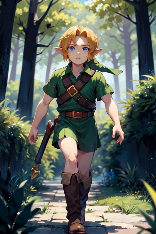 Young link , chico, by the ruby, Blue eyes, has,  pointy ears , ((blue tunic)),  belt, boots,  looking at the spectator, outside, Magical forest,  extreme detail , hdr, beautiful quality,  masterpiece,